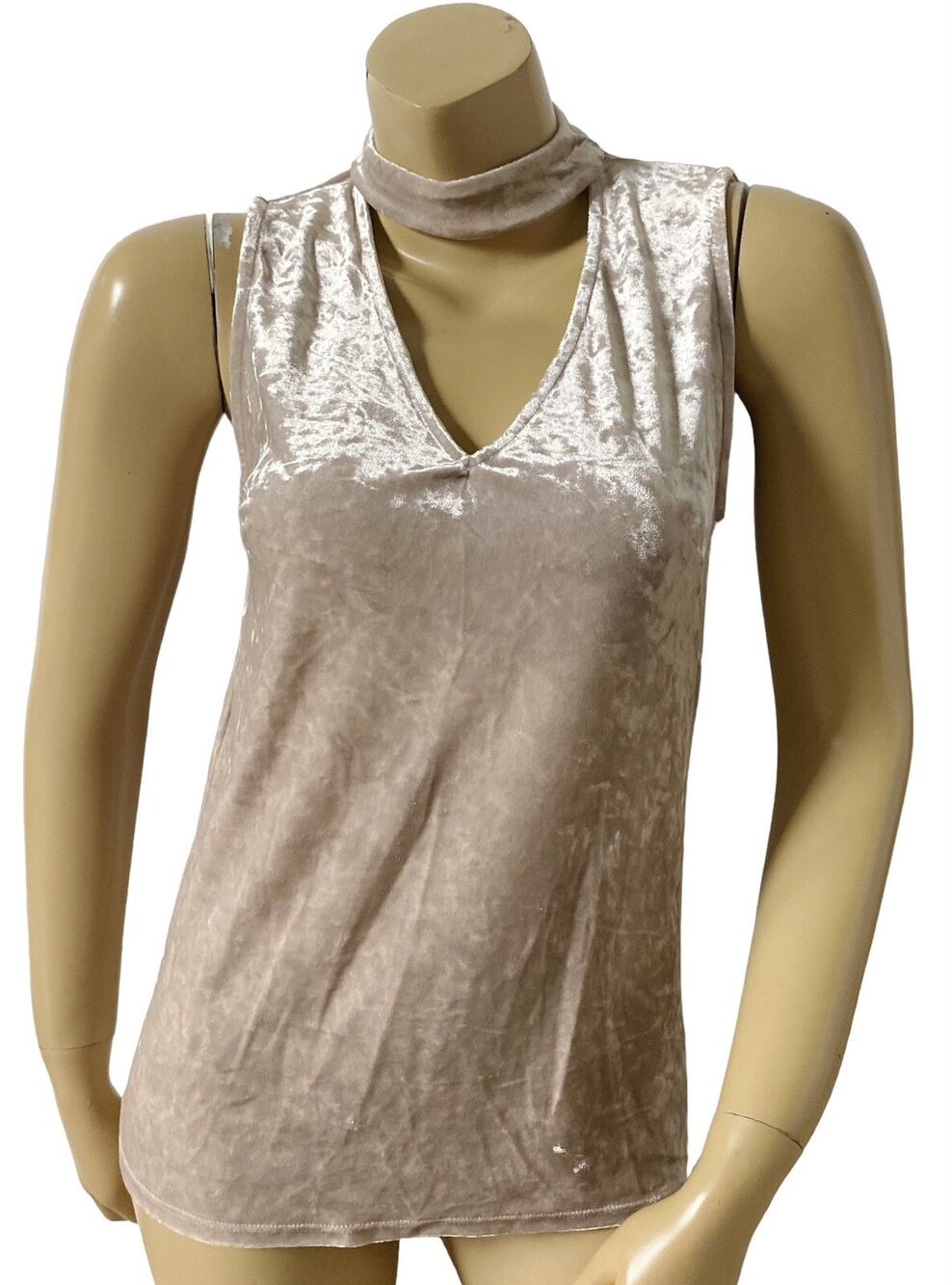 Urban Girl Tank Top Womens Small Beige Velvet Choker Keyhole Sleeveless Stretch